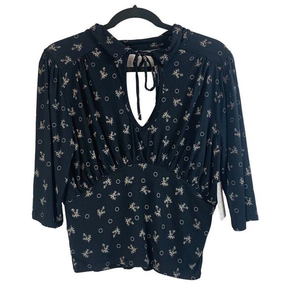 Free People Black Soraya Printed Open Cutout Top Blouse Size L New - Picture 1 of 11